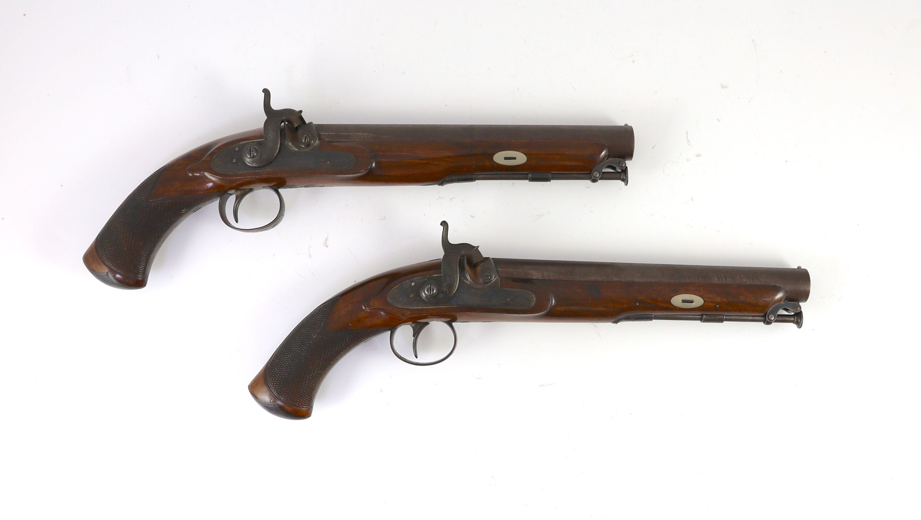 A good cased pair of percussion pistols, by E & W Bond, London, with Arundel and Bramber Corps of Yeomanry Cavalry presentation inscription dated 1839, Pistol length 38cm, hammers damaged